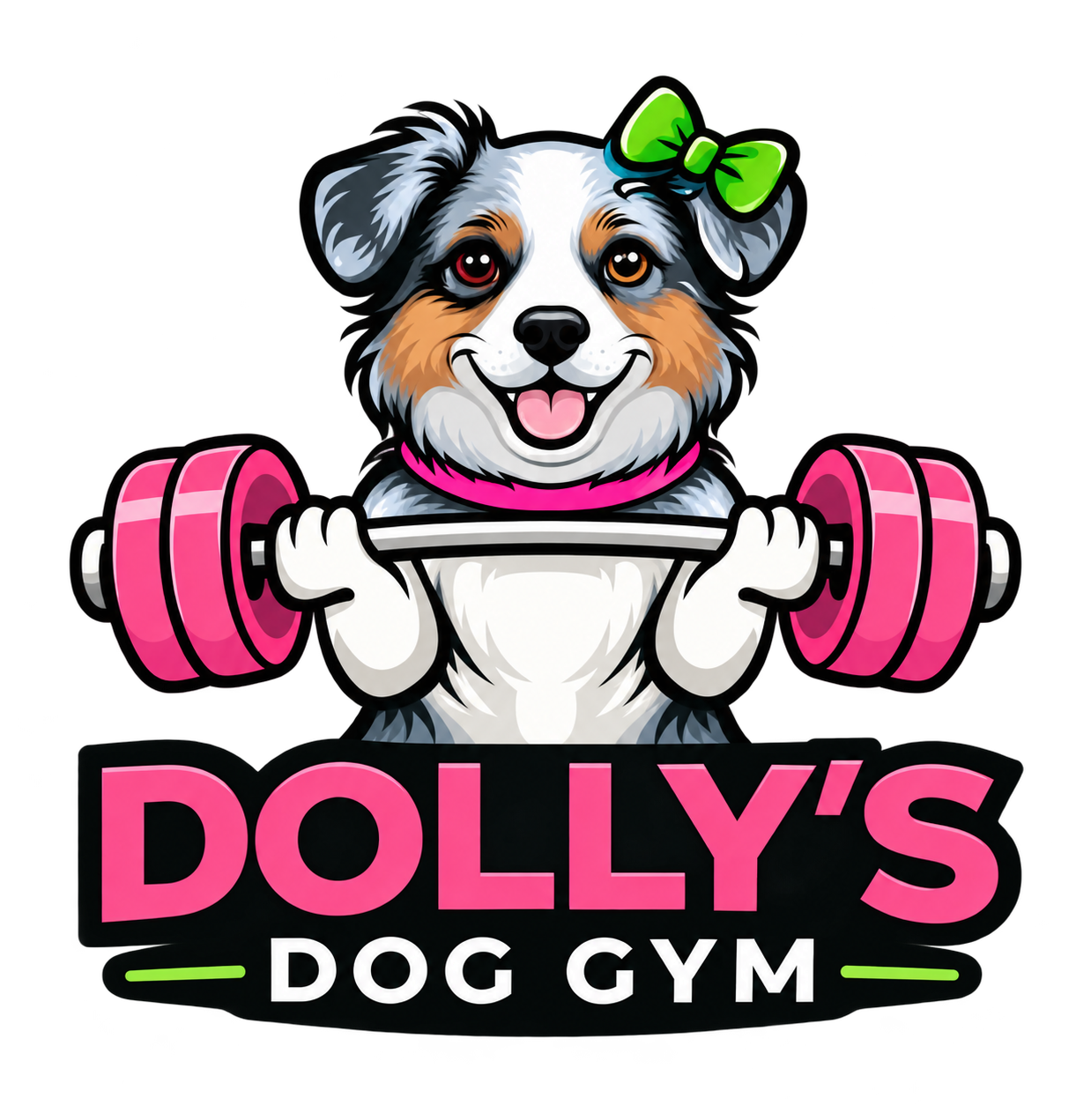 Dolly’s Dog Gym — Maci with a green bow and pink weights